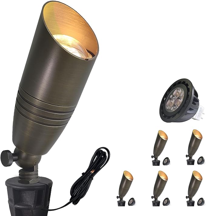 COLOER Brass Landscape Spotlights 6 Pack Landscape Light Fixture with 5W Aluminum Housing MR16 LED Bulb 2700K 450LM12V AC/DC Low Voltage Outdoor Spot LightingUplight for Garden and Patio(102B)