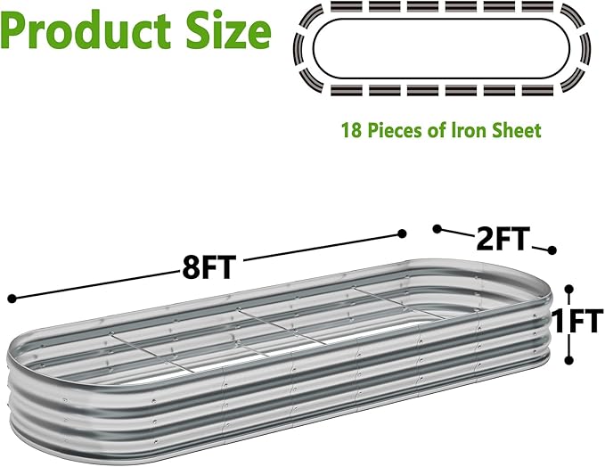 zizin Galvanized Raised Garden Bed Metal Oval Raised Garden Beds Outdoor Planter Box for Vegetables (8x2x1FT Silver)