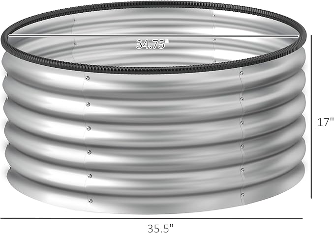 2-Piece Galvanized Raised Beds 35.4in Dia x 16.9in H – Heavy-Duty Steel Weatherproof Open-Bottom Rubberized Top Edge Silver