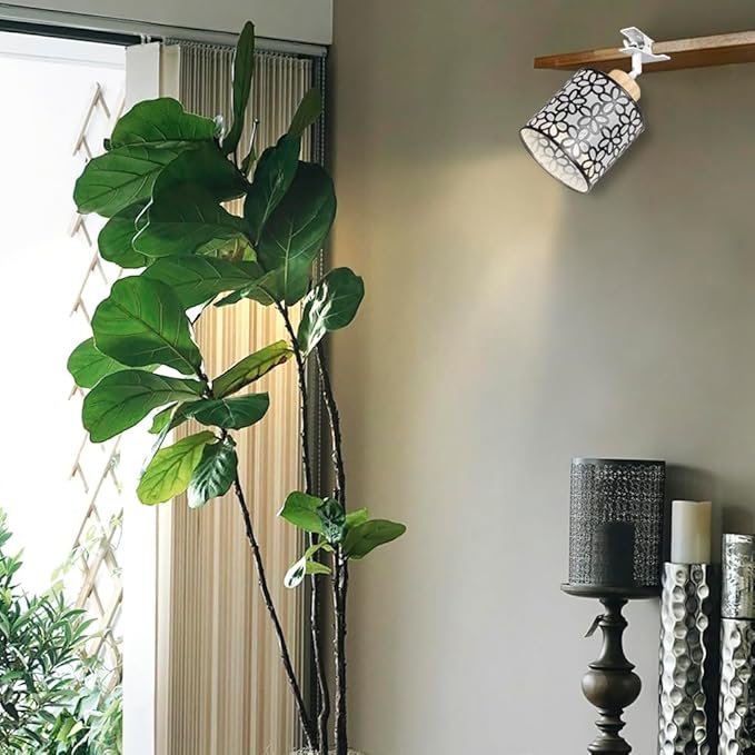 Clip Mount 5.9Ft Plug in Timing Cord Plant Light Full Spectrum 4500K 10W Wood Base Black Metal Flower Pattern Shade Adjusted Angle Vintage Clamp Light for Indoor Plants