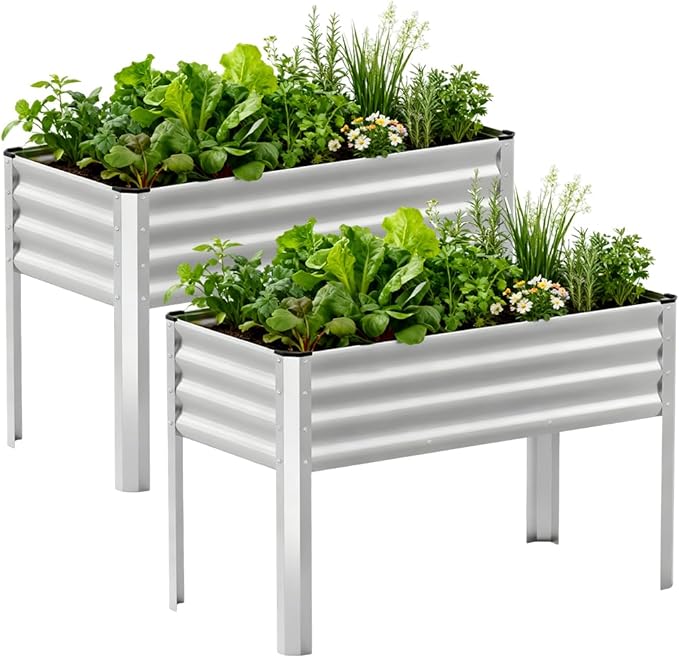 COMHOMA 2 Pack Raised Garden Bed with Legs 4x2x2.5ftLarge Elevated Galvanized Metal Planter Box with Drainage HolesOutdoor Growing Kit with Gloves Tools for Backyard Patio LawnSliver