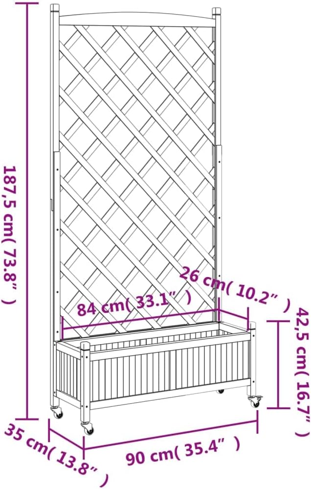 Wooden Planter with Trellis and Wheels Brown Large Raised Garden Bed for Climbing Plants Outdoor Fir Wood Planter Box Patio and Garden