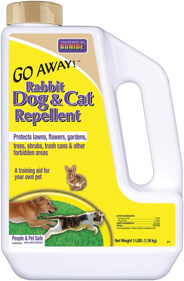 Bonide Go Away! Rabbit Dog &amp Cat Repellent Granules 3 lbs Ready-to-Use Keep Dogs off Lawn Garden Mulch &amp Flower Beds