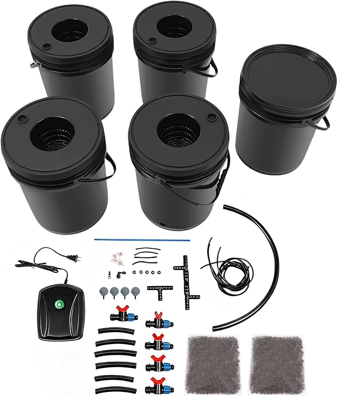 DWC Hydroponics Grow System 5 Gallon 5-Bucket Deep Water Culture Growing Bucket with Pump Air Stone and Connected Reservoir DWC Hydroponic System Kit for Growing Plants Indoors and Outdoors