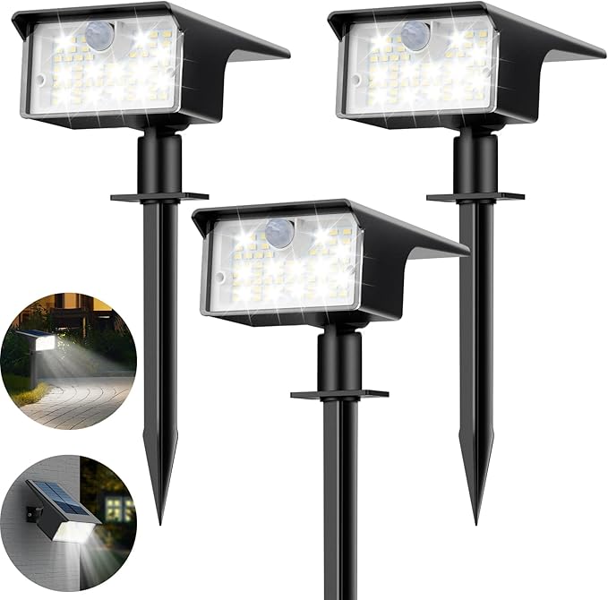 3 Pack Solar Spot Lights Outdoor Motion Sensor 3 Modes 62LED Motion Sensor Outdoor Lights 2-in-1 Solar Spotlights Outdoor Waterproof Auto On/Off Solar lights for Outside Yard Garden Wall Pathway