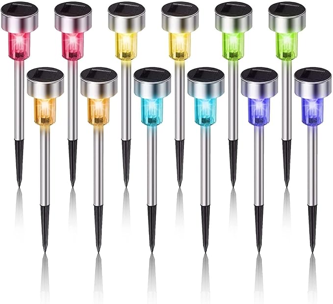 12PCS Solar Garden Stake Light Weatherproo for Outdoor Pathway LightingStainless Steel LED Landscape No Wires Required with Automatic Night Activation(Rainbow)