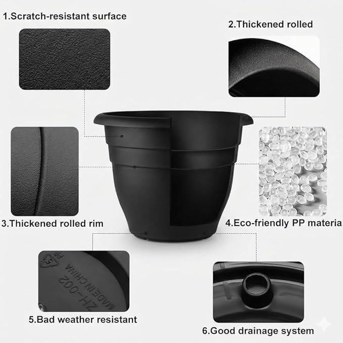 16 Inch Plant Pots Indoor Outdoor6 Pack Black Plastic Planters with Drainage HolesLarge Lightweight Flower Pots for Indoor Outdoor PlantsPatio Garden Containers