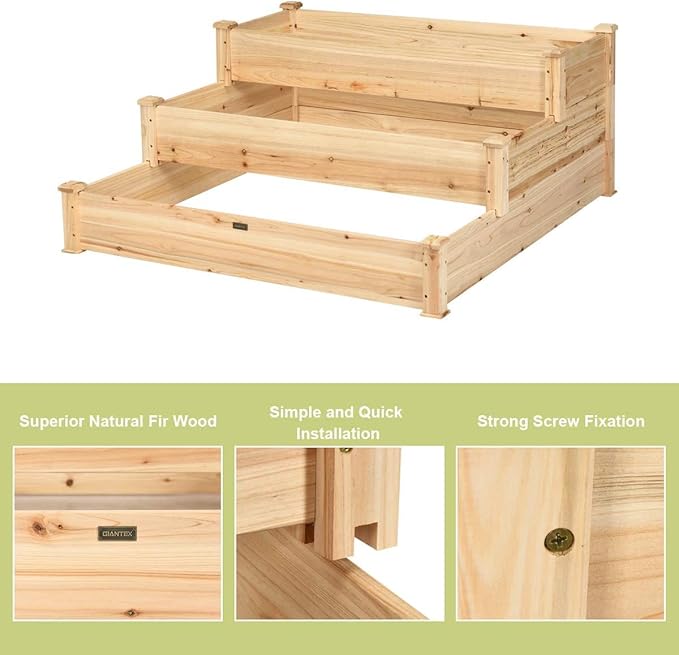 GRAFFY 3-Tier Raised Garden Bed Wood Elevated Planter Box Outdoor Planting Bed for Vegetable Flower Herb Plant Display Container Rack for Grass Lawn Patio Backyard