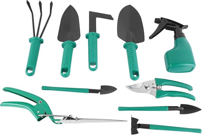 10 Piece Gardening Garden Tools Set with Scissors Spades Shovels Spray Cans Iron Material Portable Case Suitable for Garden Yard Street