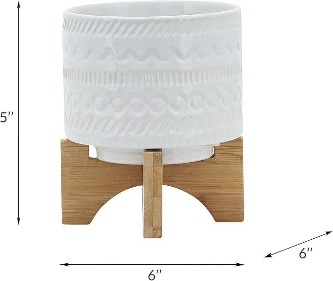 5 Tribal Planter W Wood Stand White