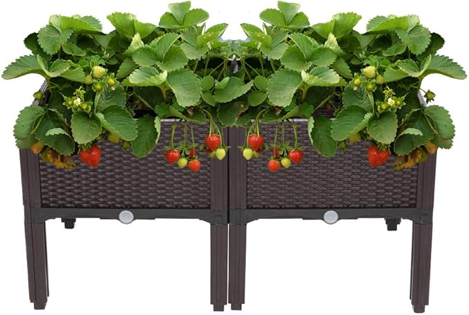 VINGLI Square Raised Garden Bed Self-Watering Plastic Planter for Indoor Outdoor Vegetables Fruits Potato Flowers All Weather (2 Pcs)