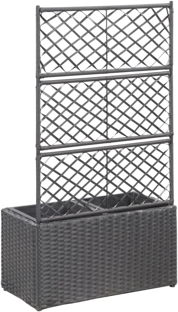 Trellis Raised Bed Poly Rattan with 2 Pots Black Planter Box with Trellis Free Standing Garden Raised Bed for Flower Climbing and Hanging Plants 22.8x11.8x42.1