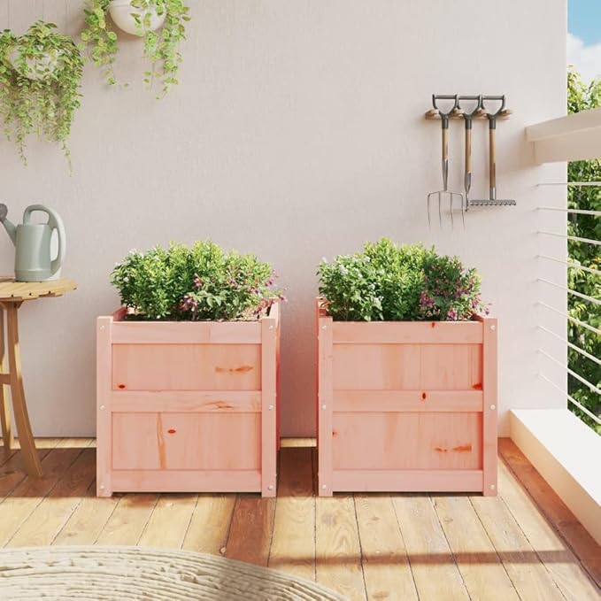 Garden Planter Set of 2 Natural Solid Douglas Wood Square Outdoor Raised Garden Beds for Patio Balcony Herb &amp Flower Planting