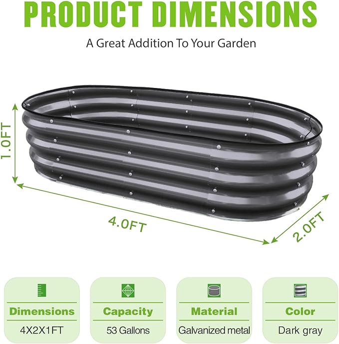GrowHaus 4x2x1FT Galvanized Raised Garden Bed Planter Boxes Outdoor Metal Garden Beds for Planting Vegetables Flowers Herbs Dark Gray