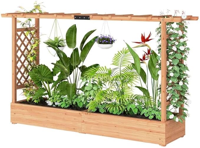 Easy Start Raised Garden Kit with Trellis - Wooden Planter Box for Beginners Grow Tomatoes &amp Climbing Veggies Without Bending or Extra Tools