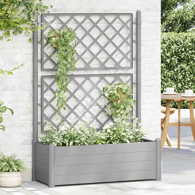 Garden Planter with Trellis Standing planters Raised Flower Bed Garden beds Outdoor Planter Boxes Suitable for Corridor Courtyard Orchard Nursery 39.4x16.9x55.9 PP Stone Gray