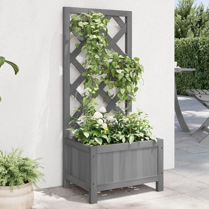 Planter with Trellis Garden Boxes Raised Garden Bed Trellis for Climbing Plants Outdoor Suitable for Backyard Patios Flowers Restaurants Gray Solid Wood Fir