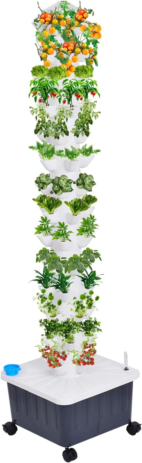 Vertical Hydroponic Tower Growing System 14-Layer 70 Plant Sites Grow Kit with Movable Water Tank Pump Timer for Home Indoor Outdoor Vegetable Strawberry Lettuce Growing