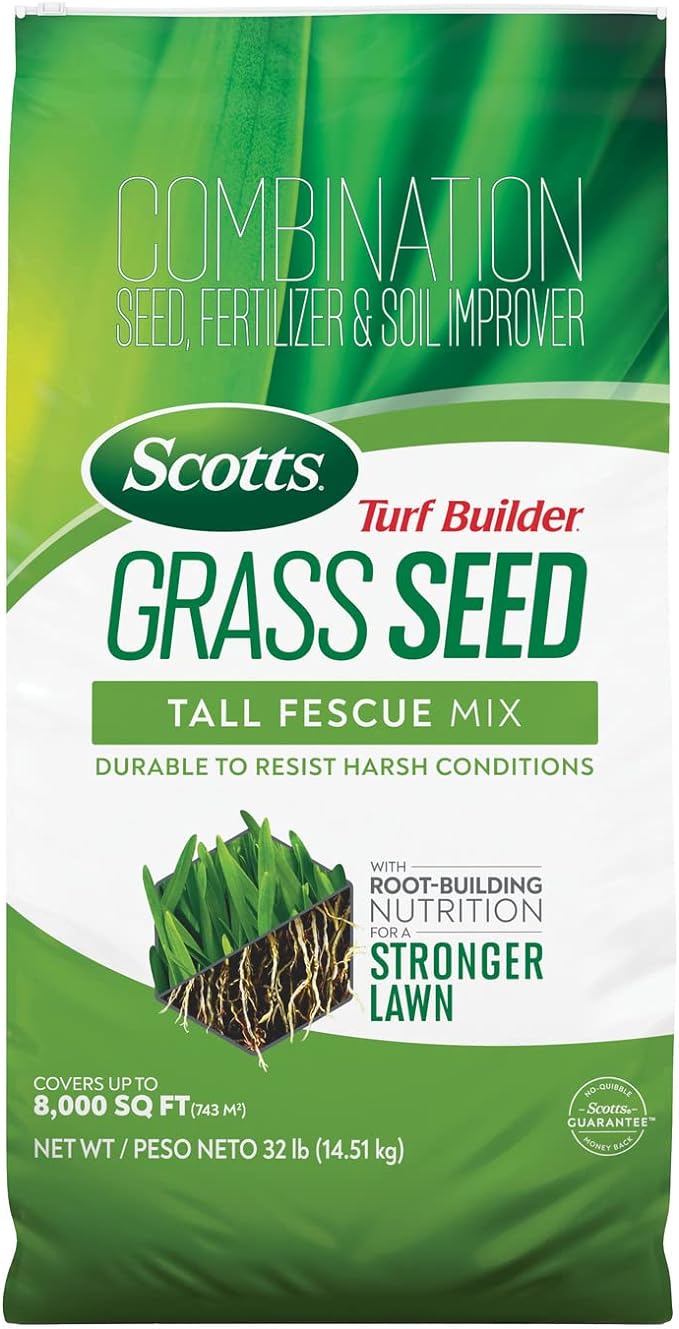 Scotts Turf Builder Grass Seed Tall Fescue Mix with Fertilizer and Soil Improver Resists Harsh Conditions 32 lbs.