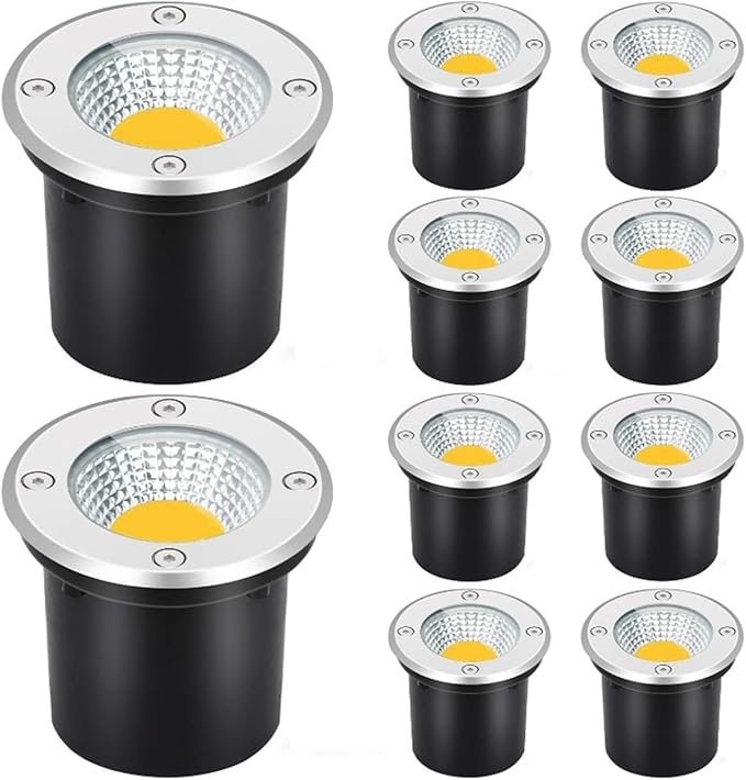10 Pack Low Voltage Landscape Well Lights Outdoor COB Ground Lights IP66 Waterproof AC12/24V LED Underground Light for Bridge Garden Driveway Deck Patio Yard Embedded Spotlight