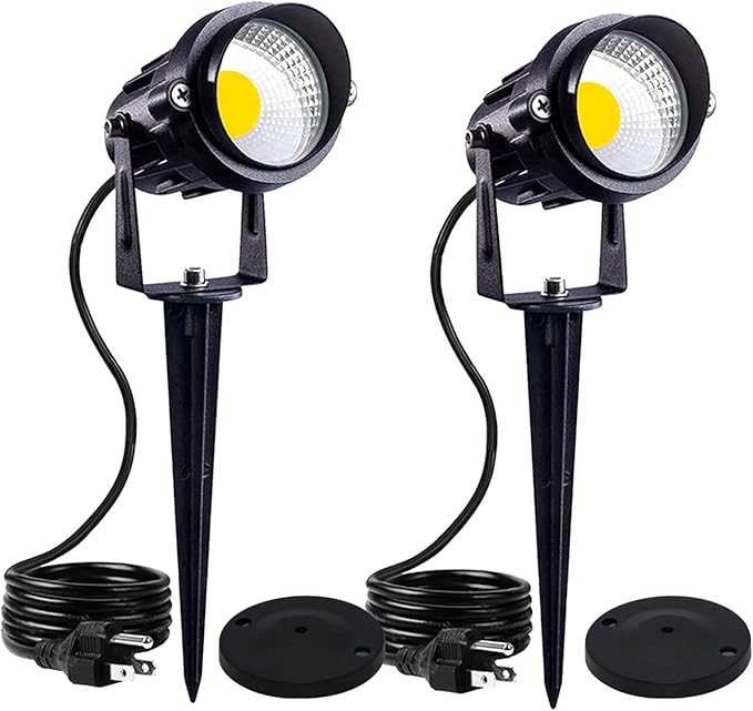 HANNAHONG 5W AC120V Landscape Up Down Spot-Light with Spiked Stand and Base COB LED for Lawn Garden DecorativeYard Step Wall Outdoor Lighting Lamp5 Ft Cable with PlugWaterproof(2PACK)