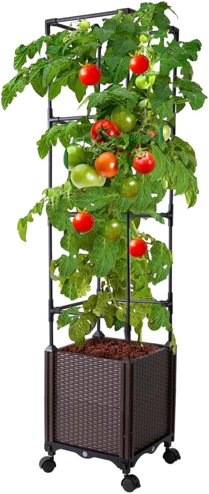 Raised Garden Bed with Tomato Cage &amp Trellis 56 Self-Watering Tomato Planter Box for Vegetables Flowers | Lockable Wheels Vertical Gardening | Indoor Outdoor Patio Use Easy Assembly