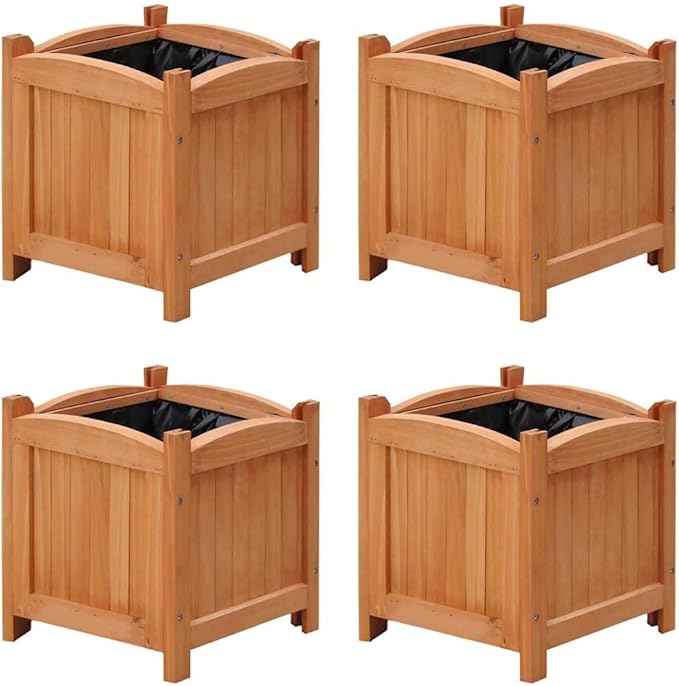 Raised Garden Bed Planters 4-Pack Square Solid Pine Wood 12x12x12 Inch Varnished Finish Outdoor Use for Patio Balcony Herbs Flowers