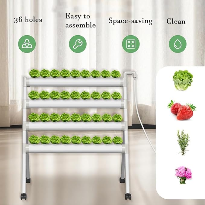 36 Plant Sites Indoor Garden Hydroponics Growing System Kit with Pulley PVC-U Pipes Hydroponics Planting System with Grow Baskets and Sponges for Fruits Vegetables Herb
