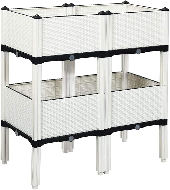 GRAFFY Set of 4 Raised Garden Bed Kits Elevated Garden Beds with Self-Watering Design Raised Garden Boxes for Flowers Vegetables and Herbs Planting Box Container for Patio Yard Balcony (White)
