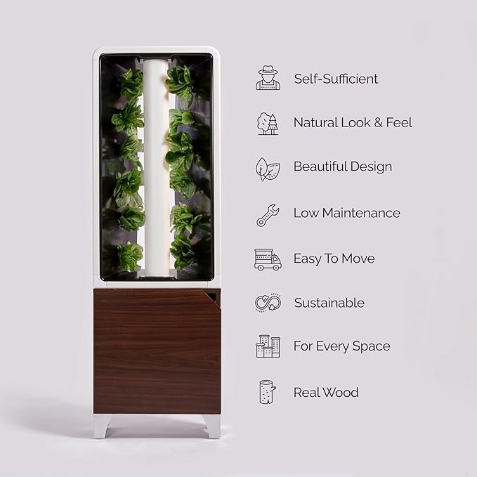 Just Vertical EVE Tower Garden | Hydroponic Growing System | Grow 12 Fresh Herbs &amp Vegetables Year-Round | Self-Watering Energy-Efficient LED Compact Design Fully Assembled | Walnut