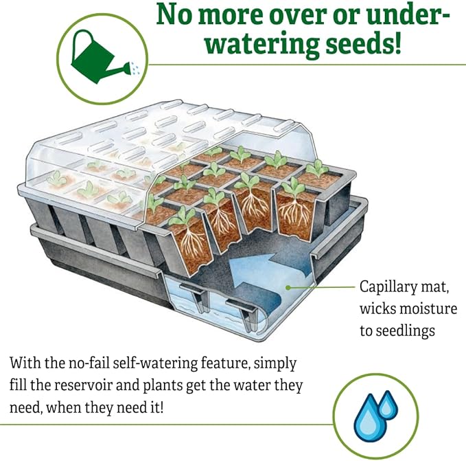 Gardener's Supply Company GrowEase Self Watering Seed Starting Kit | 24- Cell Holds 3 Quarts of Soil | Capillary Mat Cover and Water Reservoir Included 100% Recycled Plastic