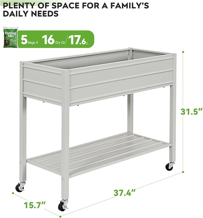 ZORMY 32 Tall Galvanized Raised Garden Bed with Legs Wheels &amp Shelf Elevated Planter Box Outdoor for Vegetables Herbs &amp Flowers Patio &amp Backyard Garden Bed with 400lb CapacityGrey