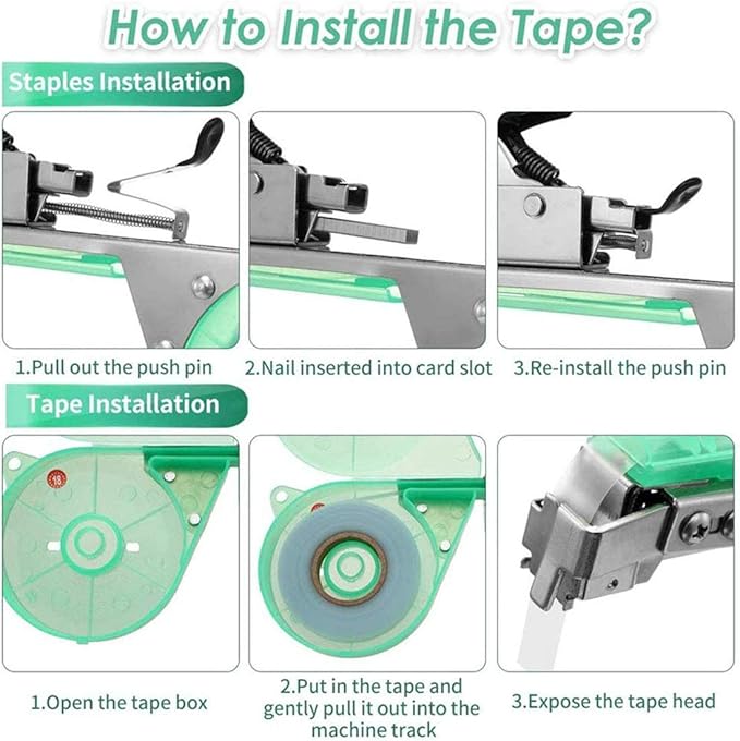 Plant Tying Machine Gardening Tape Tool Plant Ties Hand Garden Tools Set Garden Plants Tool with 10 Rolls Tape and 1 Box Staple for Grape Tomatoes Vegetable Cucumber and Flower (Green)