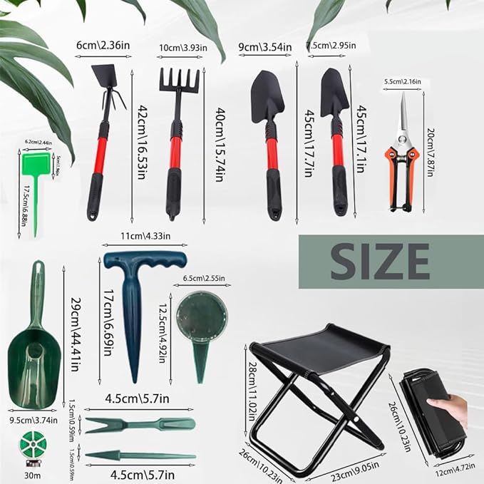 33-Piece Garden Tool Set with Ergonomic Handles Rust-Proof Durable Gardening Hand Tools Gardening ShearsPortable Stool (Set-33pcs)