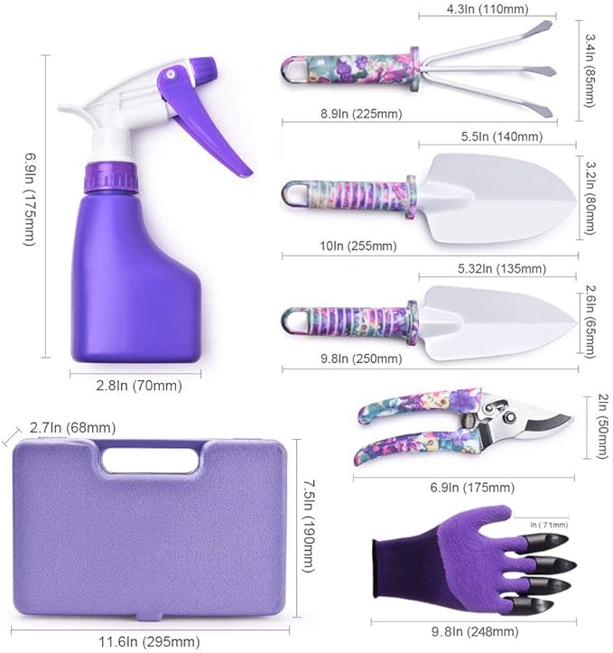 6 Pieces Garden Tools Set Planting Tools Non-Slip Handle with Anti-Rust Trowel Cultivator Pruning Shear Water Sprayer and Carrying Case Gloves with Claws