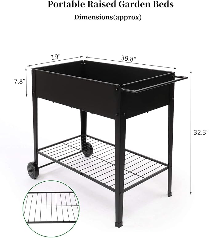 VINGLI Large Metal Raised Garden Bed Planter Box with Legs and Wheels Outdoor Elevated Mobile Garden Bed for Vegetables Fruits and Flowers Ergonomic Patio Metal Planter (40 L x 19 W x 32 H)