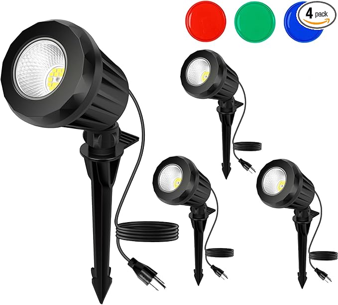 Spotlight Outdoor – 120V Plug-in 2700K Warm White LED Landscape Spot Lights with RGB 3 Lenses for Yard Garden Lawn&ampTree Decor IP67 Waterproof Perfect for Holidays&ampEveryday (4 Pack Black)