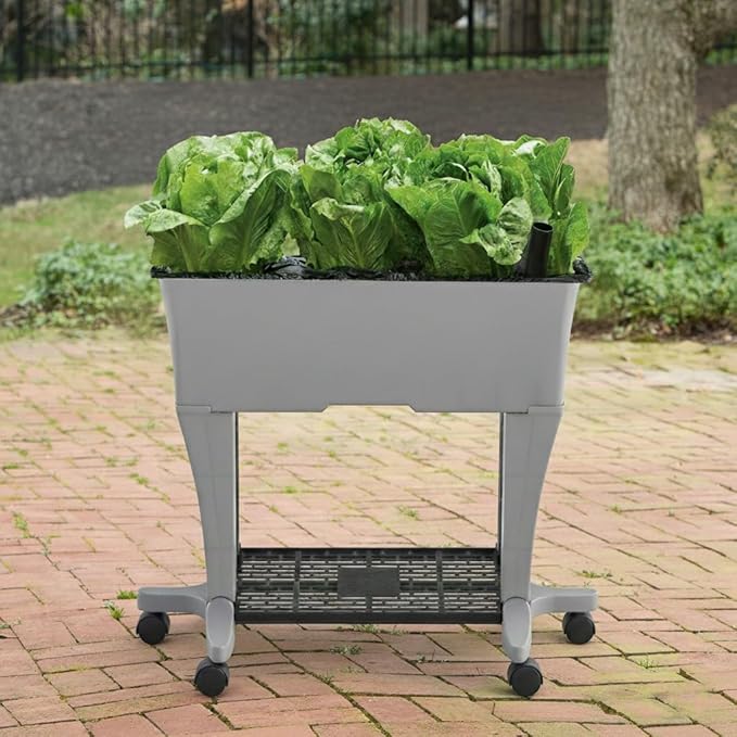 EarthBox Raised Garden Bed with Legs – Elevated Self Watering Planter Box with Wheels Storage Shelf Premium Plant Food Easy Assembly Made in USA Gray