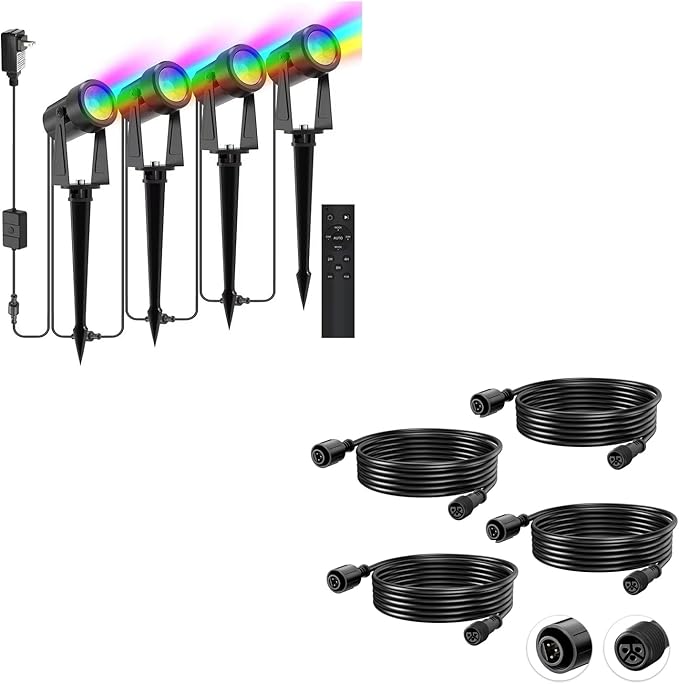 SUNTHIN 4 Pack RGBW Landscape Lighting with RemoteBundle with 4pcs 6.5FT Extension Cord