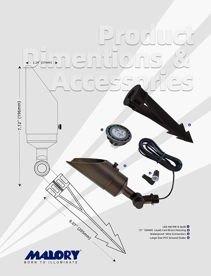 MALORY Brass Landscape Spotlight 1-Pack with MR16 Bulb Kit(S04) Low Voltage 12V AC/DC Shroud Adjustable Outside Yard LightingPVC Ground Stake and Wire Connector Included 5W 2700K Warm White