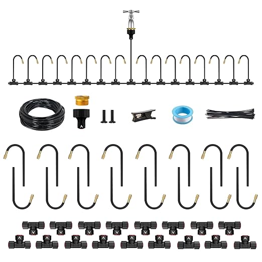 A ANLEOLIFE 50FT Drip Irrigation Kit for Patio Potted Plants 360° Bendable Copper Nozzles Quick-Connect 1/4 Tubing for Container Gardens Micro Drip with Adjustable Water Flow (Timer Not Included)