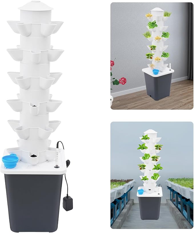 30 Pots Hydroponics Tower System Hydroponic Tower Garden Vertical Planter Pump Tower with Water Level Gauge Water Tank Hydroponic Growing System Kit for Hydroponic Gardening Lovers White
