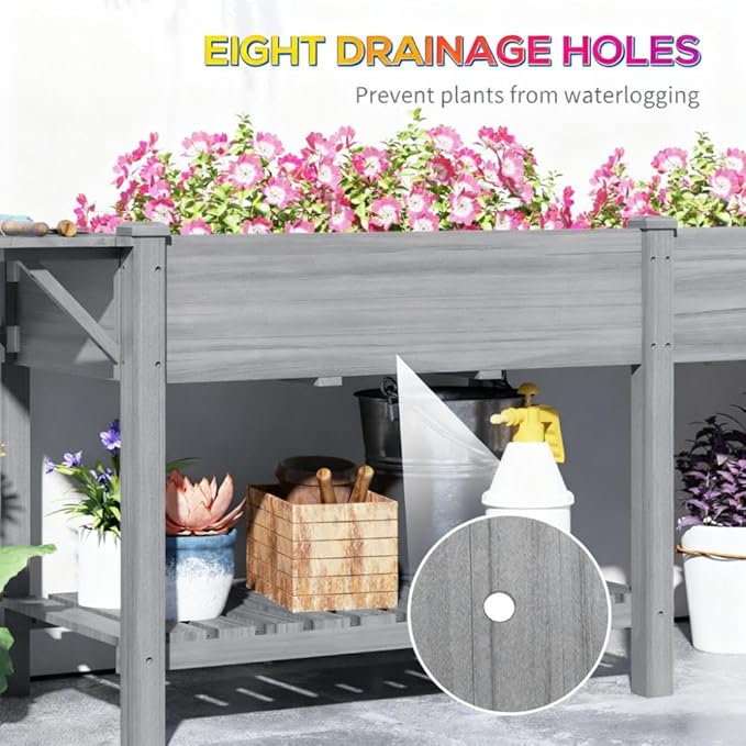 Elevated Garden BedWood Raised GBoxwith Side TableBottom ShelfBed Liners and Drainage Holes