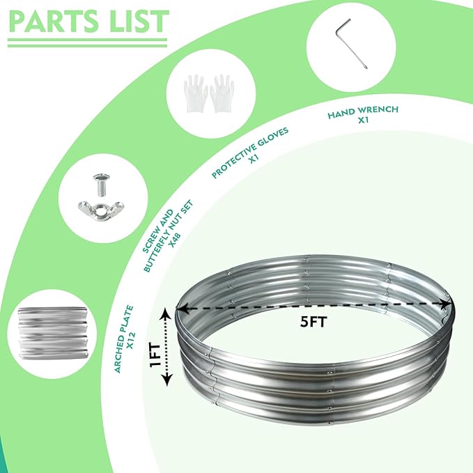 5FT Diameter Galvanized Garden Raised Bed/Plant Box/Fire Pit Ring-0.8mm Thick12 Inch TallCrimped Edge and CornerNo SharpePerfect for Plantings (Silver 60 Dia X 11.5 inches)