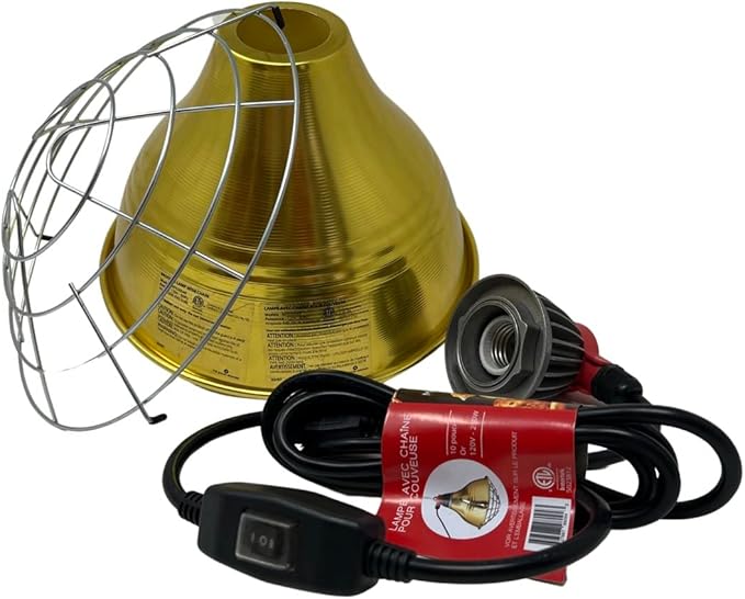Ma Poule Express Golden Aluminum Base Heating Lamp – 10.5 Inch Incubator Lamp with 2 Adjustable Intensities – Long 2M Chain Grow Lamp for Optimal Heat Dissipation – Works with 250W Bulbs