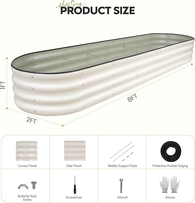 ZORMY Galvanized Raised Garden Bed 2 Pack 8x2x1ft Oval Metal Planter Box Outdoor with Support Rods &amp Corner Protection Planter Beds for Vegetables Fruits Flowers (White)