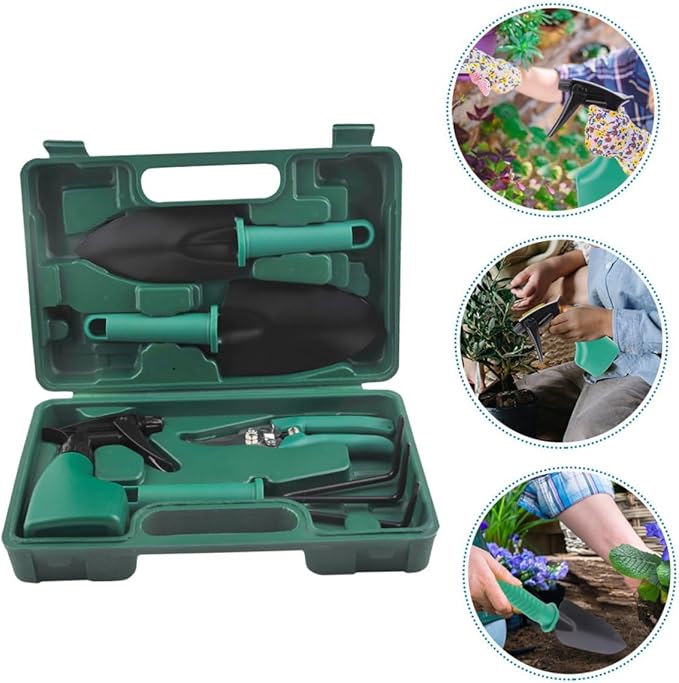 Kisangel Garden Tool Set with Shovel Rake and Pruning Shears in Portable Carrying Case for Outdoor Planting and Gardening Tasks 5pcs Hand Tool Kit for Lawn Care and Plant Maintenance