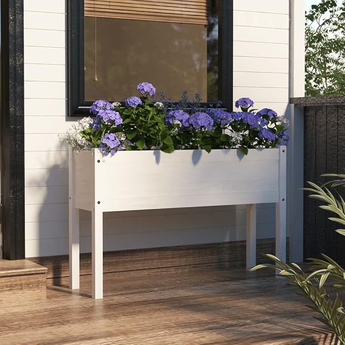 43.3 in White Rectangular Raised Garden Bed Solid Pinewood Large Elevated Planter Box for Patio Outdoor Use