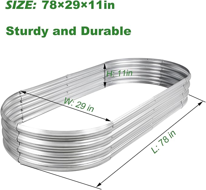 Raised Garden Bed GRS Certified Galvanized Planter Box Outdoor  6.5ft Oval Rot-Resistant Metal Garden Bed Planter Recycled Eco-Friendly Material Planter for Vegetables Flowers Herbs (Silver)