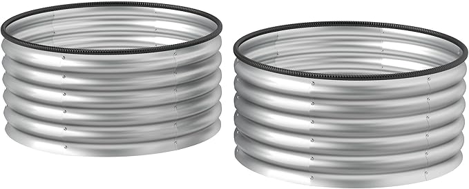 Set of Two 0.6mm Galvanized Steel Garden Beds 35.4 Dia x 16.9 H – Open Base Drainage-Optimized Rubber Edge Safety Silver